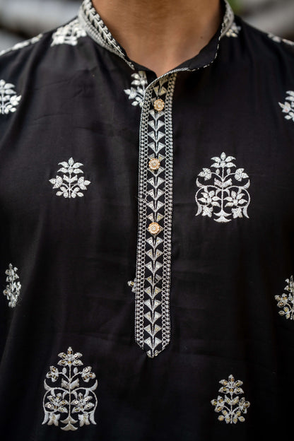 The Black Long Kurta With White Embroidery and Sequins Work With Dupatta