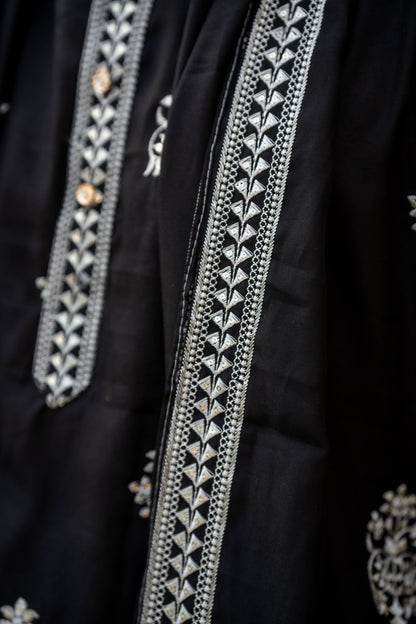 The Black Long Kurta With White Embroidery and Sequins Work With Dupatta