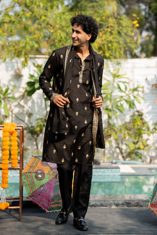 The Black Long Kurta With Butti Embroidery And Sequins Work And Dupatta and Pajama