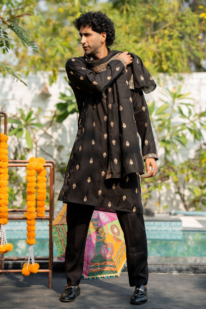 The Black Long Kurta With Butti Embroidery And Sequins Work And Dupatta