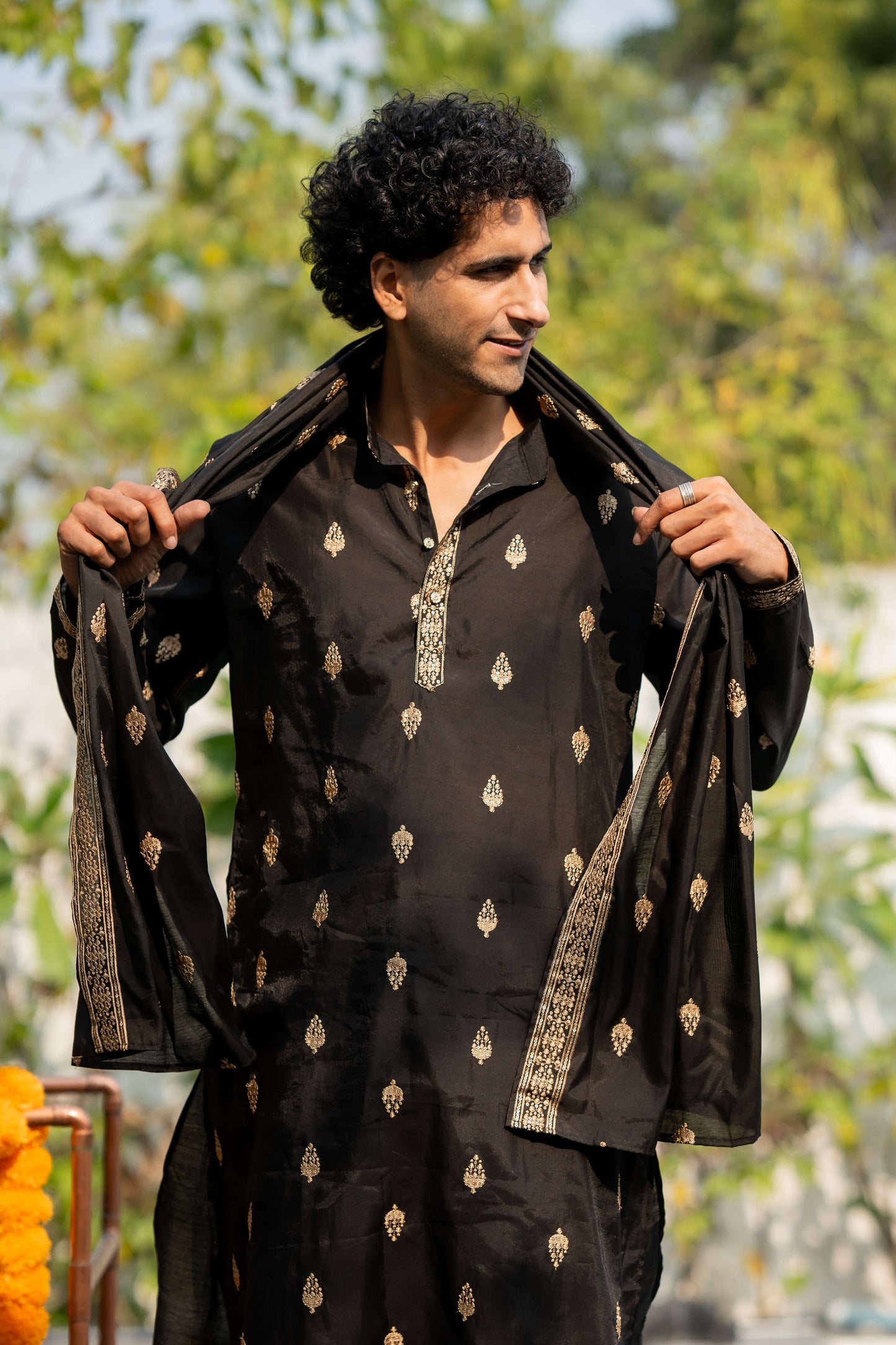 The Black Long Kurta With Butti Embroidery And Sequins Work And Dupatta