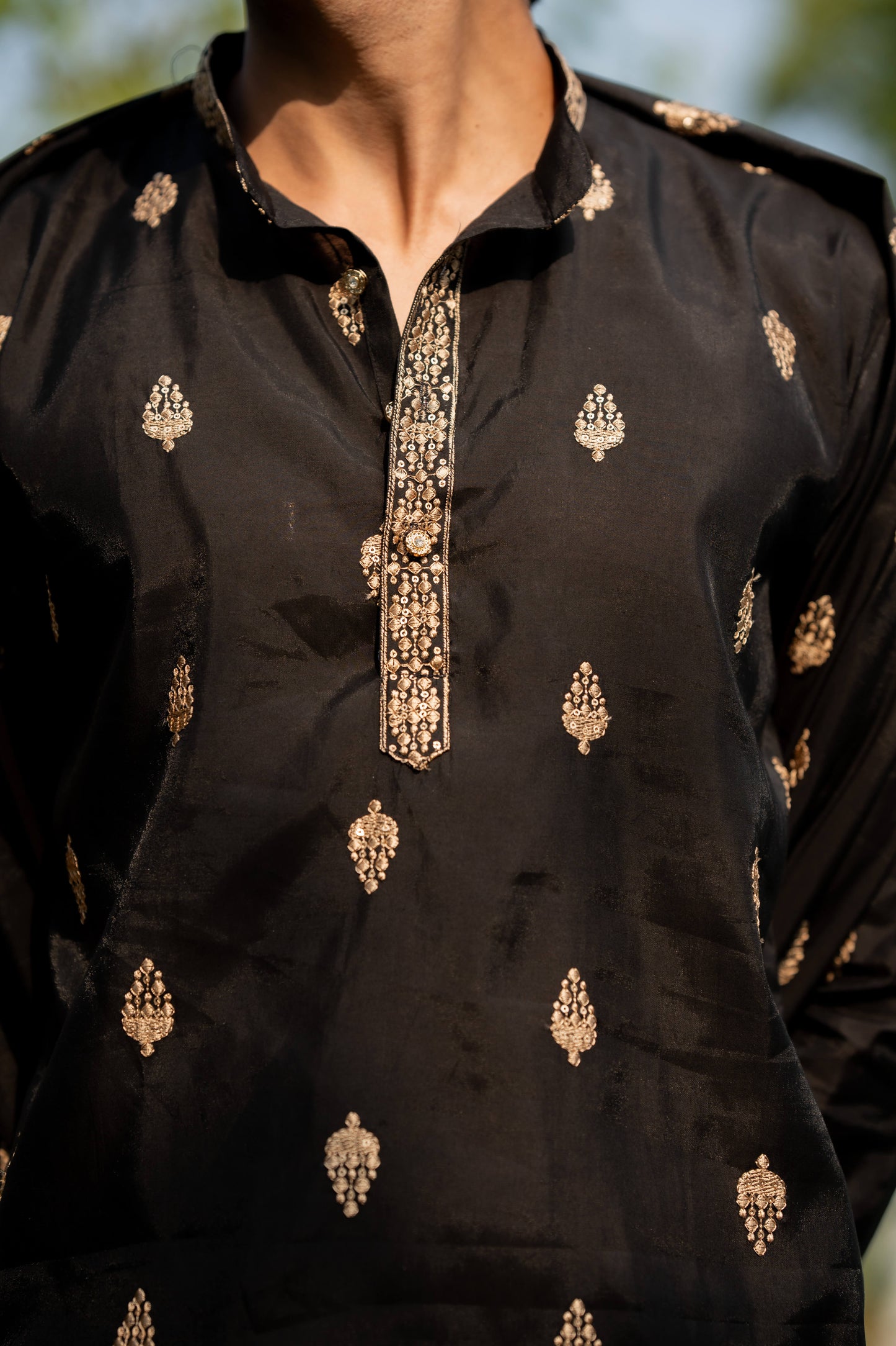 The Black Long Kurta With Butti Embroidery And Sequins Work And Dupatta