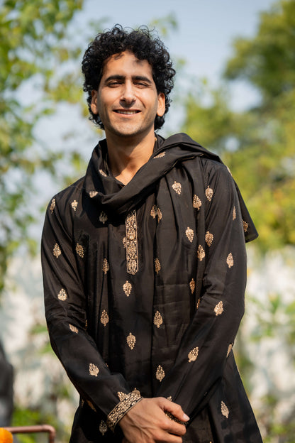 The Black Long Kurta With Butti Embroidery And Sequins Work And Dupatta