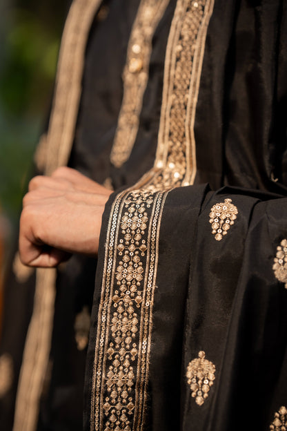 The Black Long Kurta With Butti Embroidery And Sequins Work And Dupatta