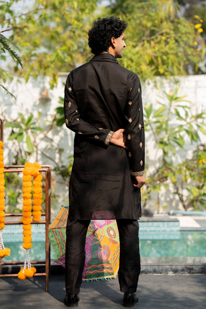 The Black Long Kurta With Butti Embroidery And Sequins Work And Dupatta