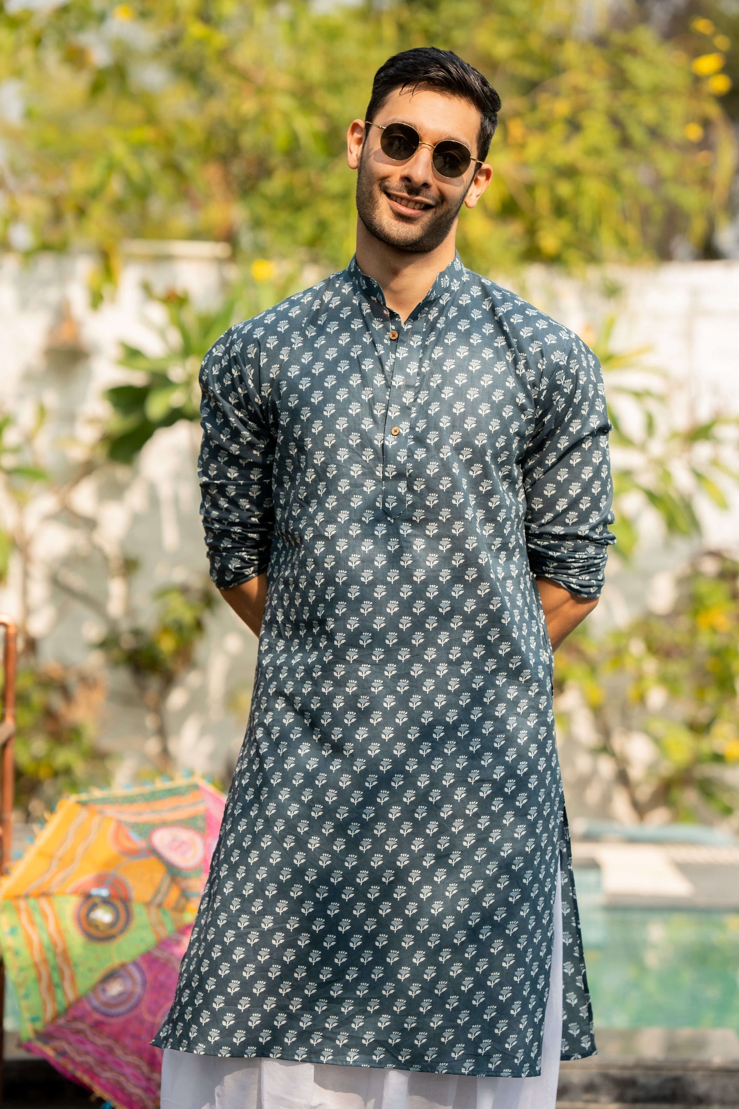 The Pigeon Blue Long Kurta with White Floral Butti Print