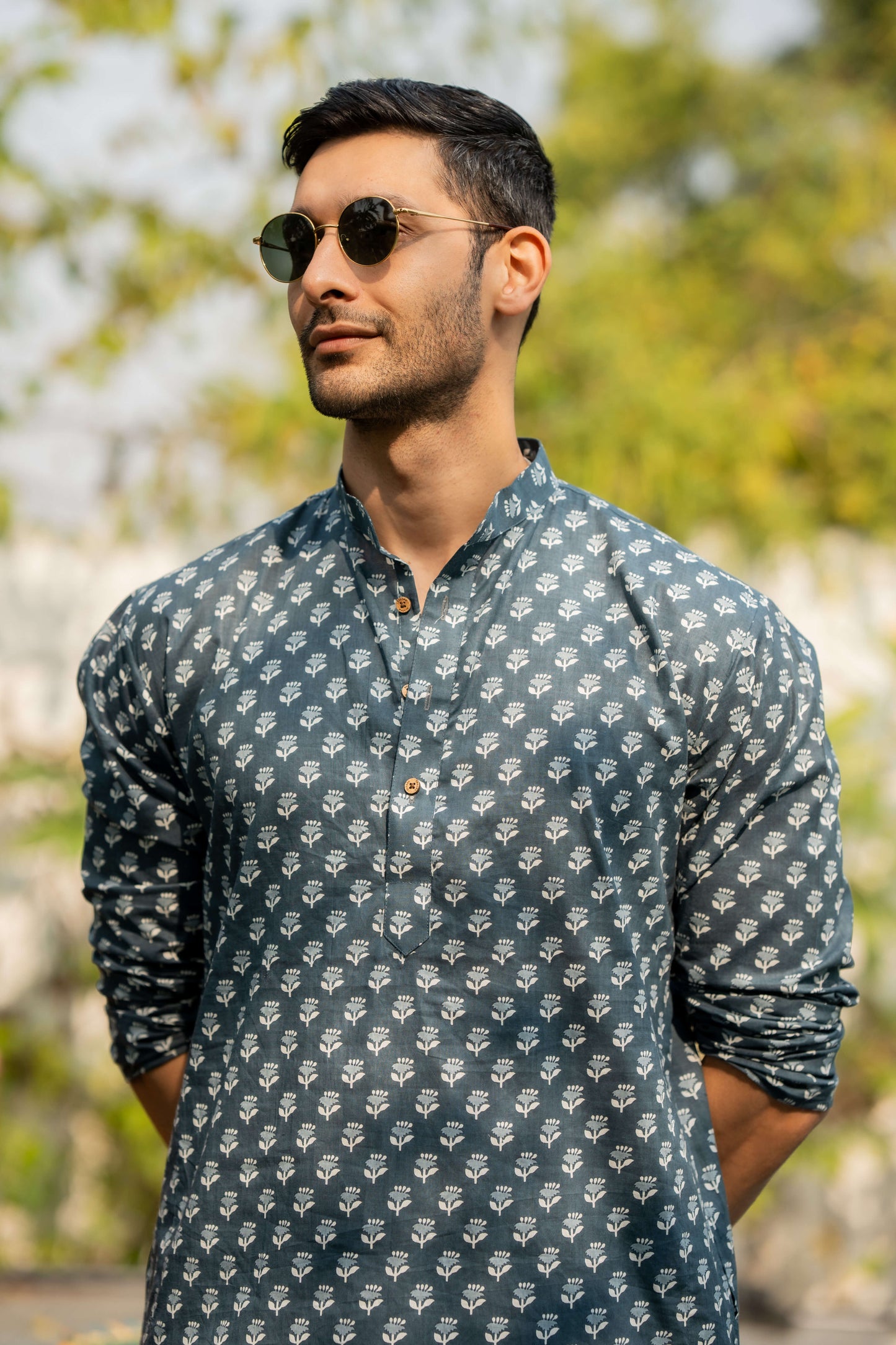 The Pigeon Blue Long Kurta with White Floral Butti Print