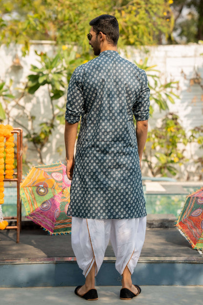 The Pigeon Blue Long Kurta with White Floral Butti Print