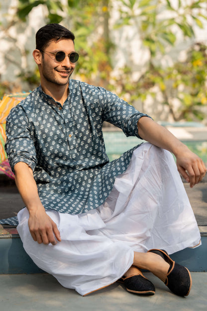 The Pigeon Blue Long Kurta with White Floral Butti Print