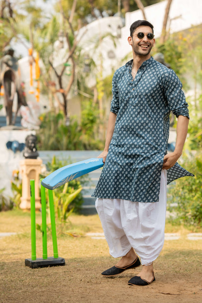 The Pigeon Blue Long Kurta with White Floral Butti Print