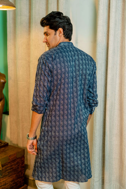 The Navy Blue Long Kurta With Striped Self Work