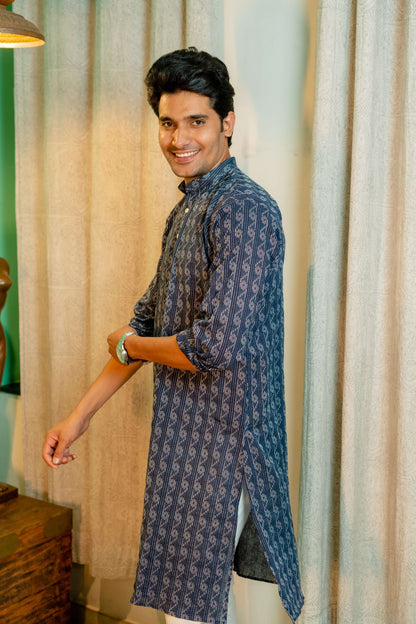 The Navy Blue Long Kurta With Striped Self Work