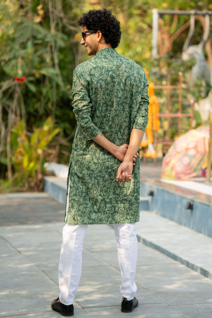 The Hunter Green Foil Print Long Kurta with Bandhani Print