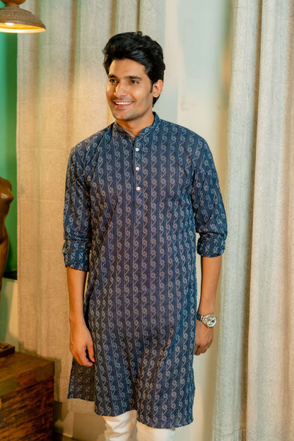 An Indian Men Wearing Navy Blue Long Kurta With Striped Work 