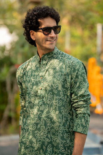 The Hunter Green Foil Print Long Kurta with Bandhani Print