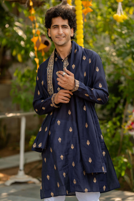 The Midnight Blue Long Kurta With Butti Embroidery And Sequins Work and Dupatta