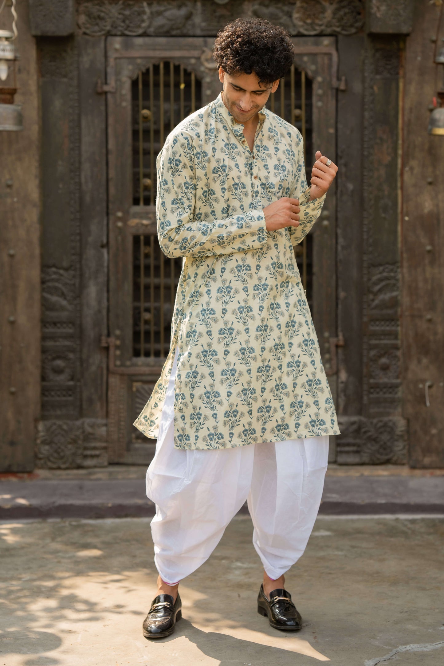 The Dove White Long Kurta with Blue Flower Print