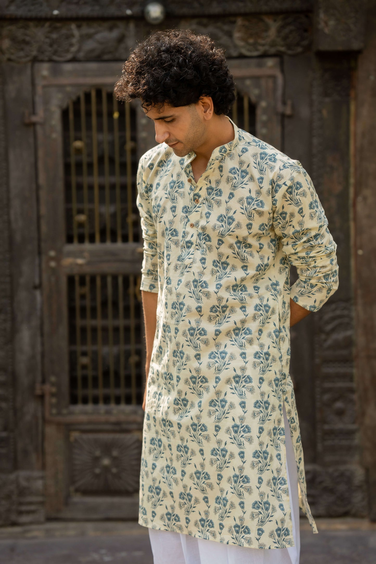 The Dove White Long Kurta with Blue Flower Print