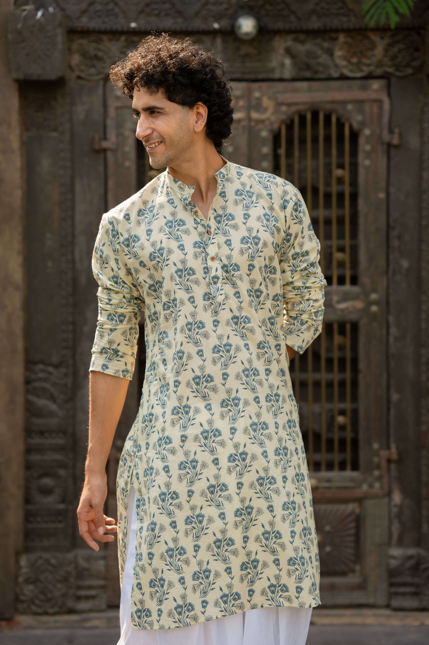 The Dove White Long Kurta with Blue Flower Print