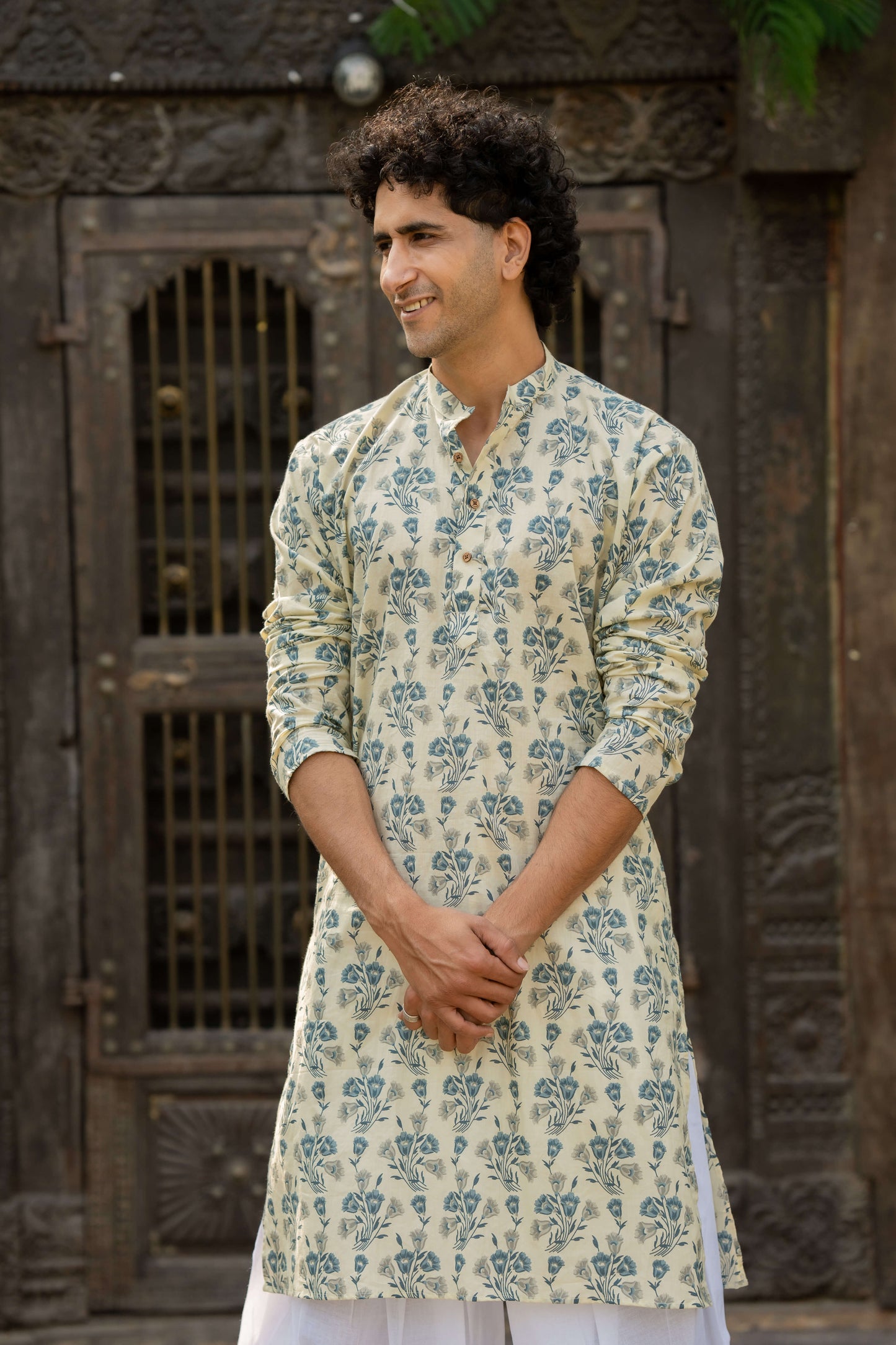 The Dove White Long Kurta with Blue Flower Print