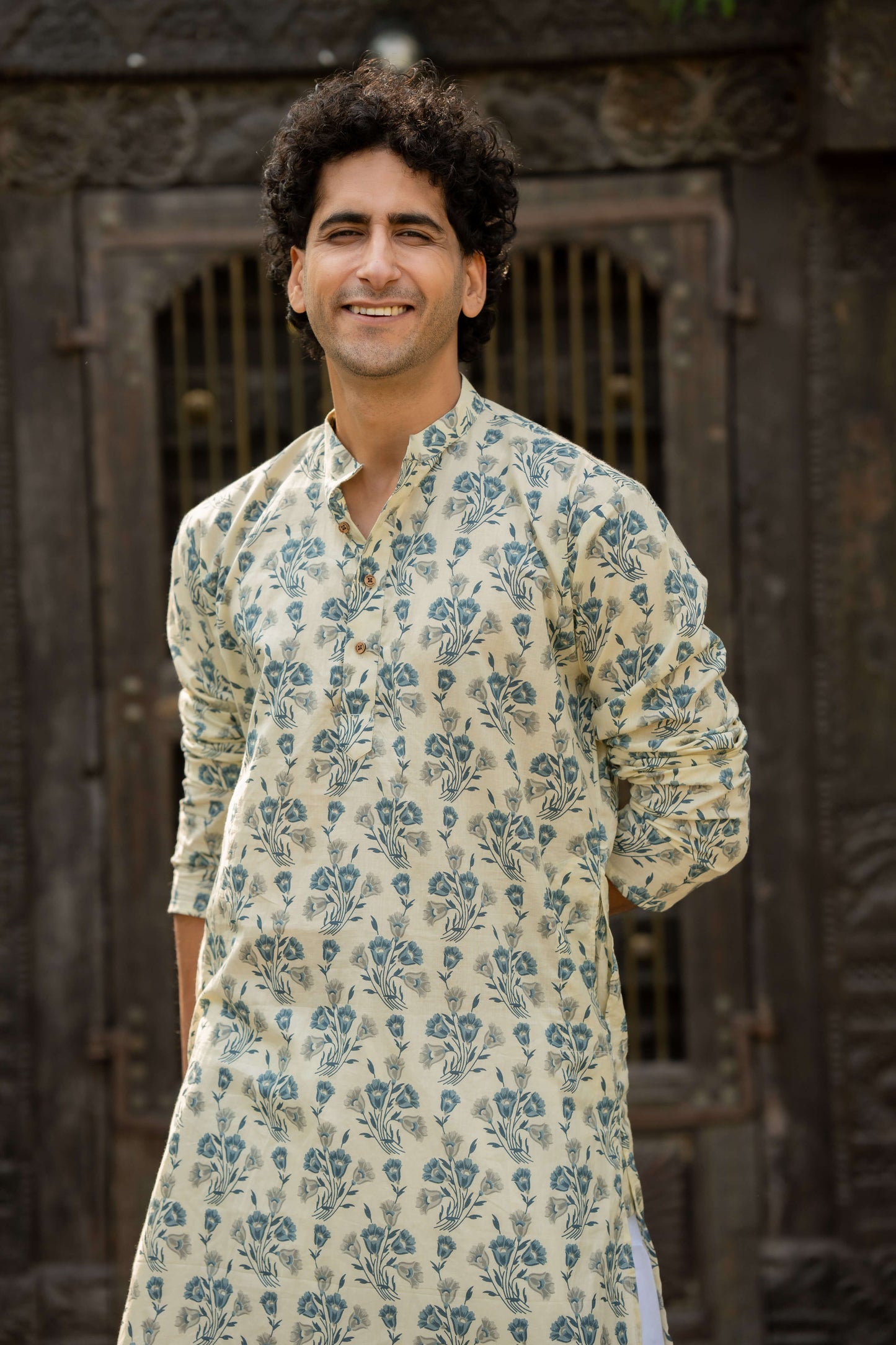 The Dove White Long Kurta with Blue Flower Print