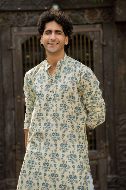 The Dove White Long Kurta with Blue Flower Print