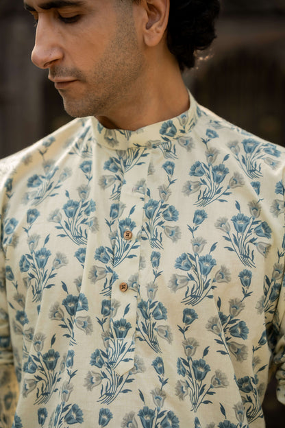 The Dove White Long Kurta with Blue Flower Print