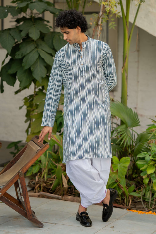 White long kurta with blue stripe print