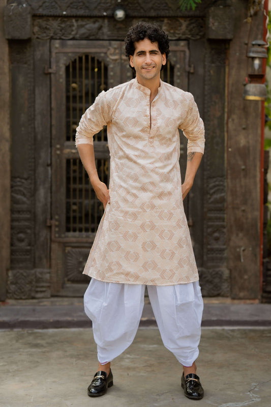 The Off White Long Kurta with Beige and Cream Thread and Sequins Work