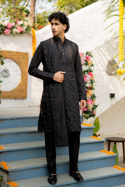 The Black Long Kurta with Classical Embroidery and Sequins Work