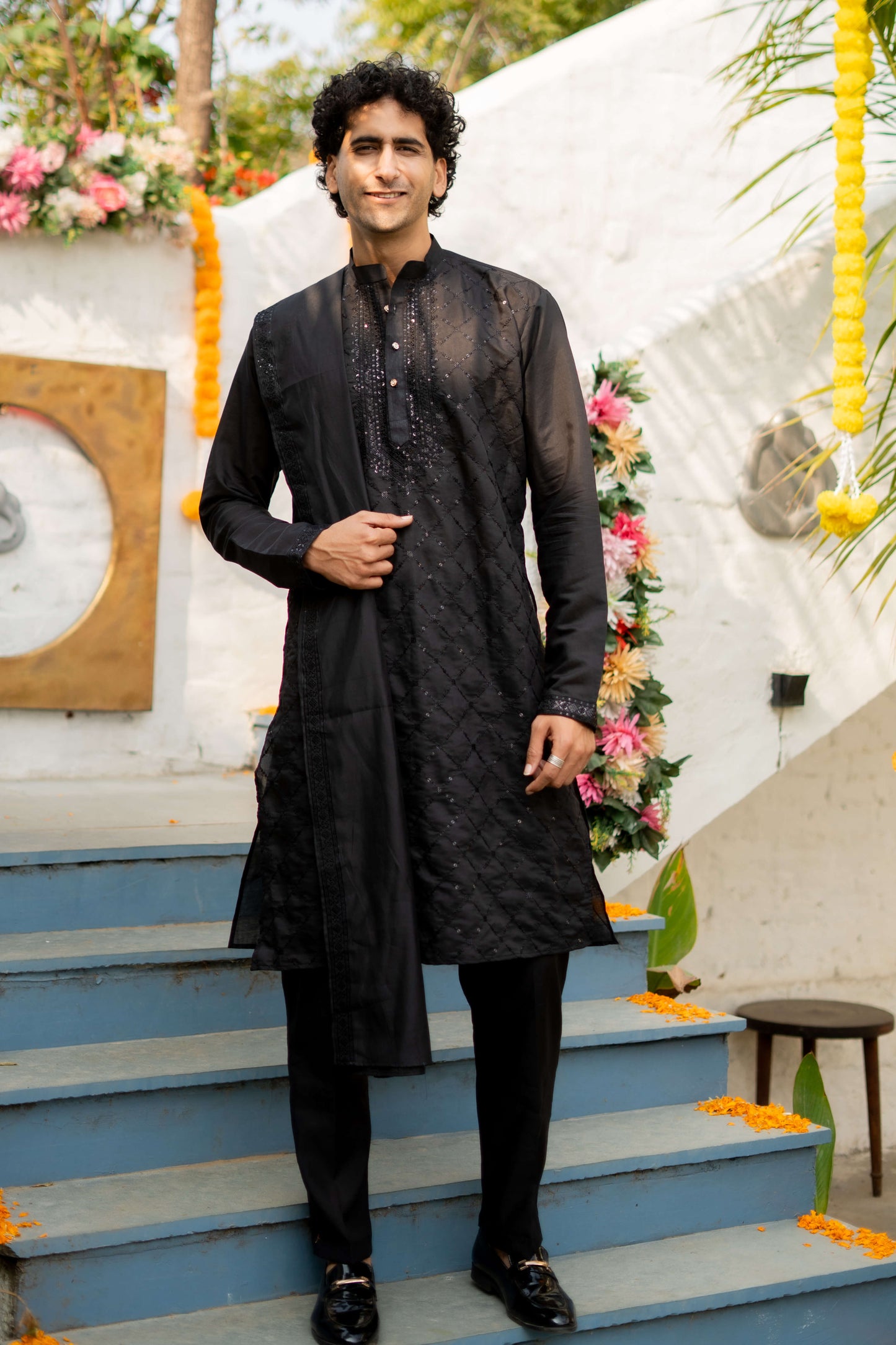 The Black Long Kurta with Classical Embroidery and Sequins Work