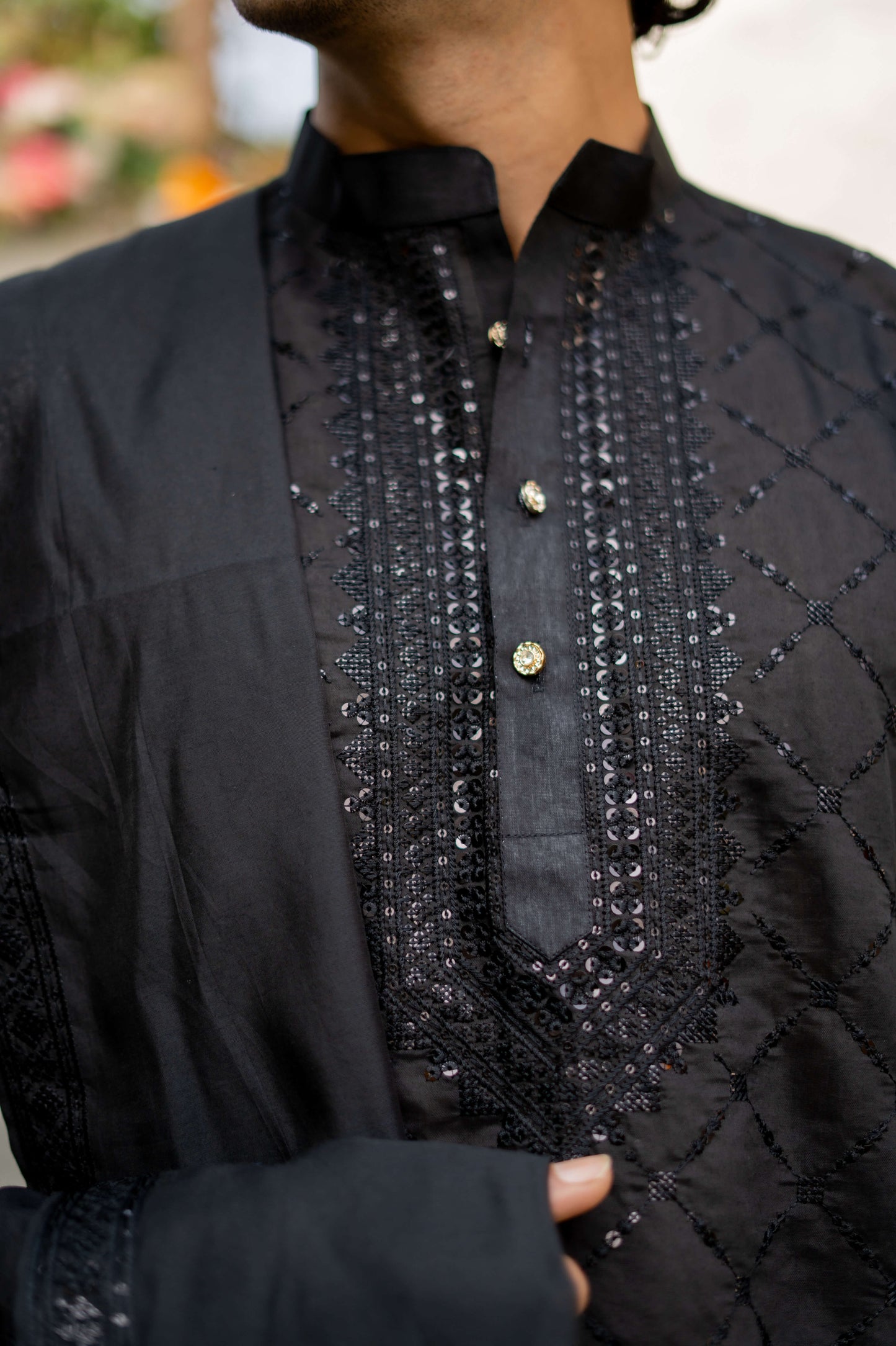 The Black Long Kurta with Classical Embroidery and Sequins Work