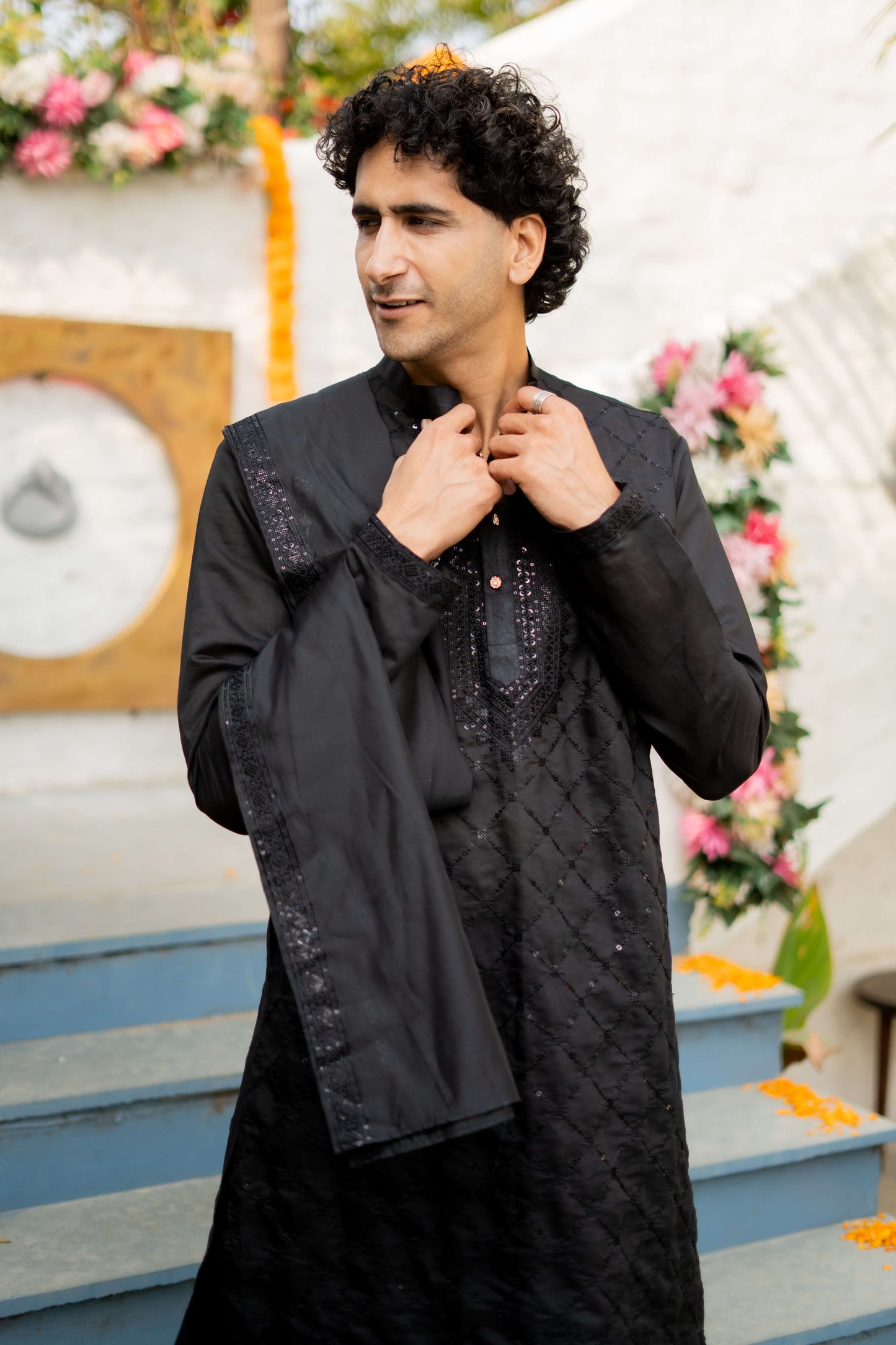 The Black Long Kurta with Classical Embroidery and Sequins Work