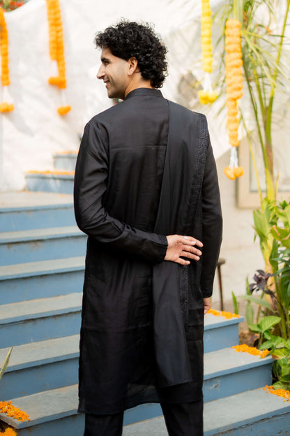 The Black Long Kurta with Classical Embroidery and Sequins Work