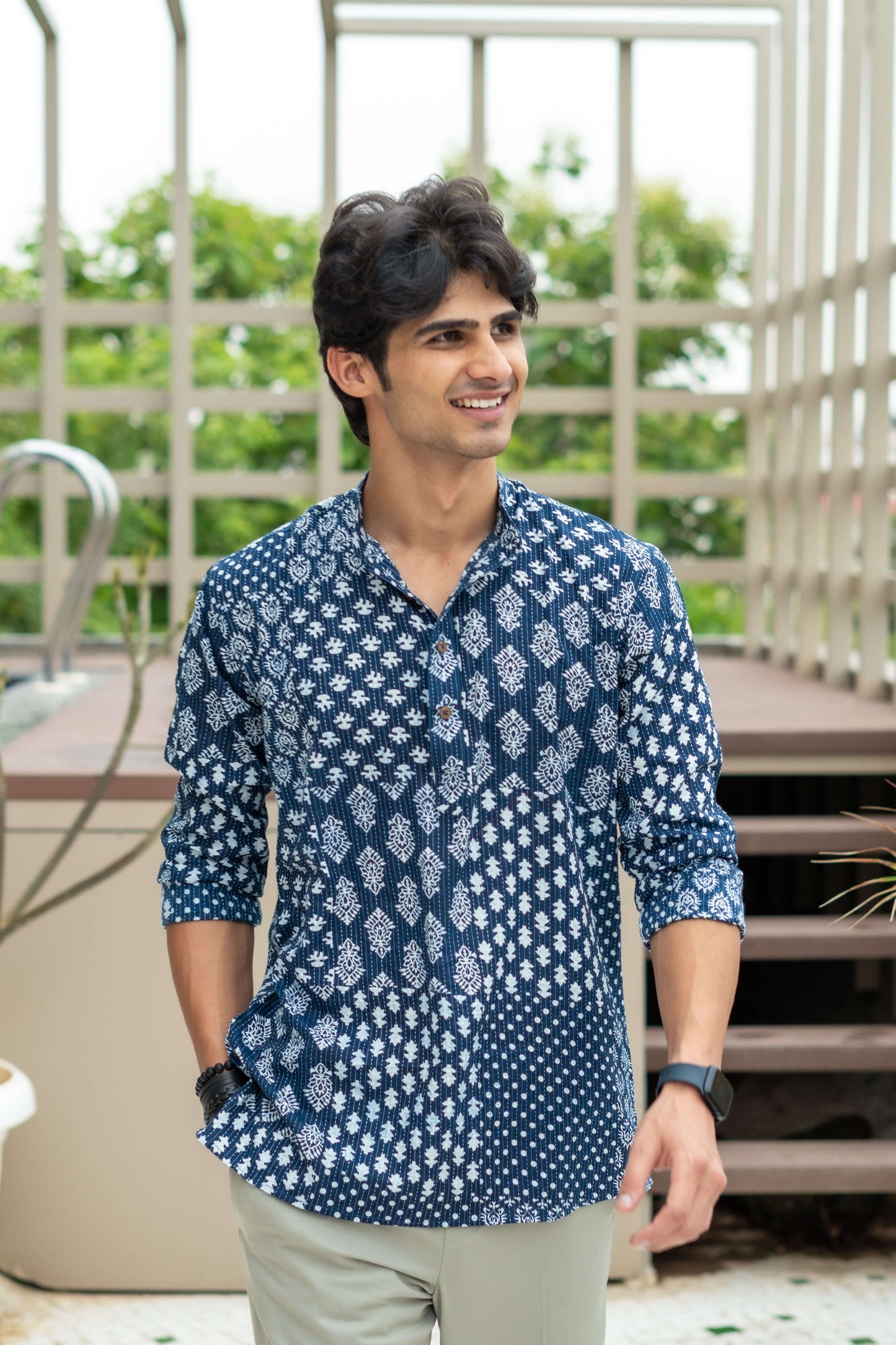 The Dark Blue Kantha Work Short Kurta With Multi Floral Prints