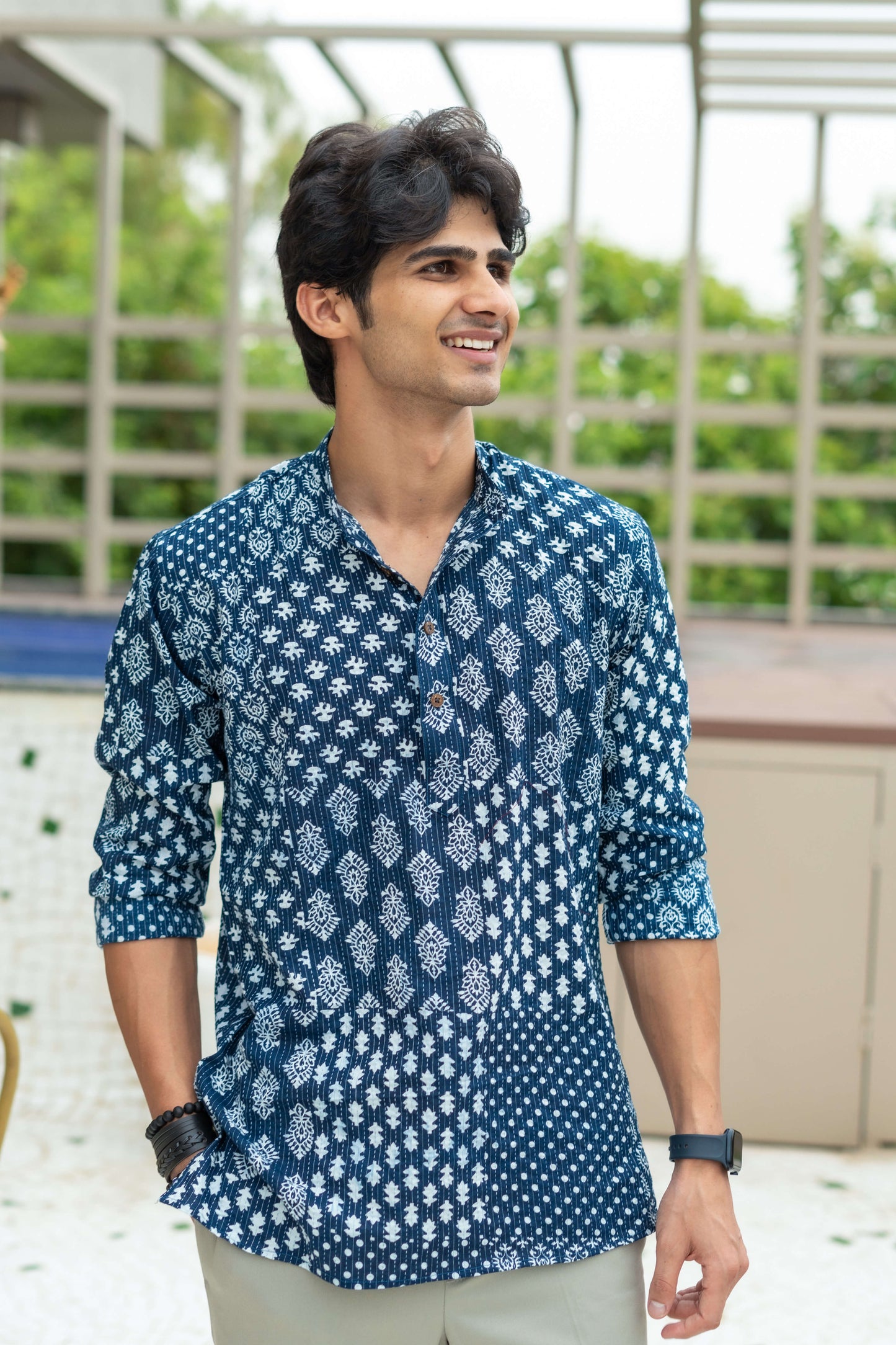 The Dark Blue Kantha Work Short Kurta With Multi Floral Prints