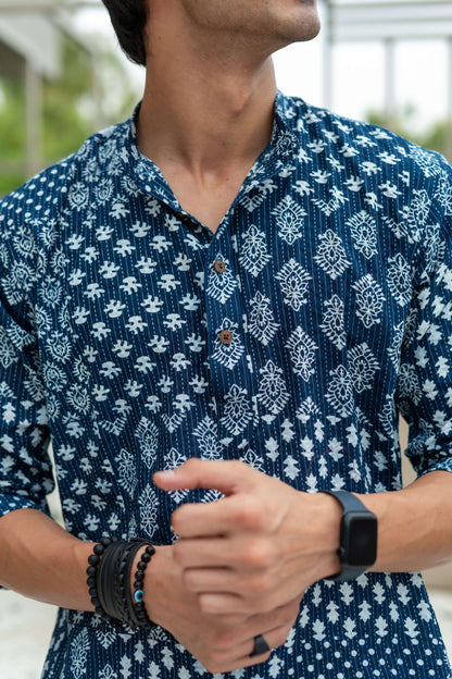 The Dark Blue Kantha Work Short Kurta With Multi Floral Prints