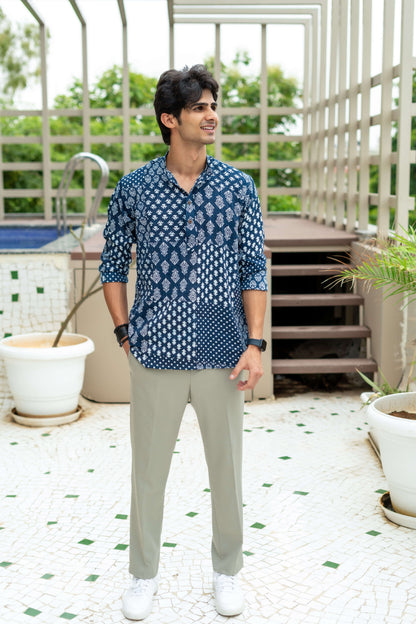 The Dark Blue Kantha Work Short Kurta With Multi Floral Prints