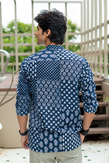 The Dark Blue Kantha Work Short Kurta With Multi Floral Prints