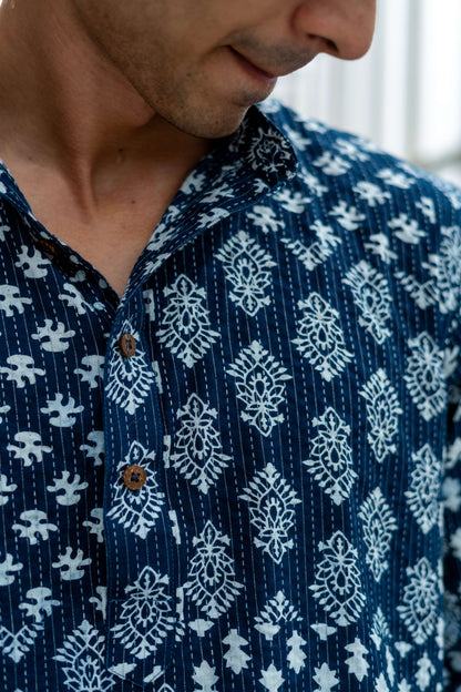 The Dark Blue Kantha Work Short Kurta With Multi Floral Prints