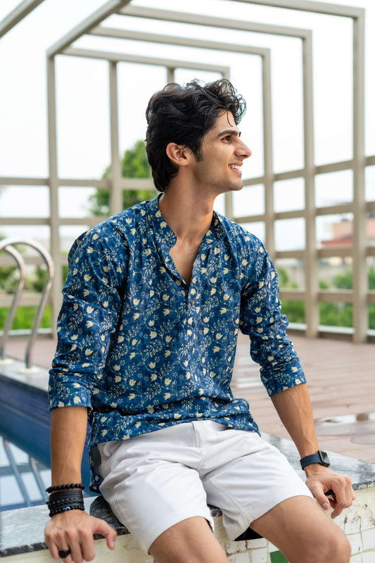 The Nile Blue Short Kurta With Golden Leaf Print