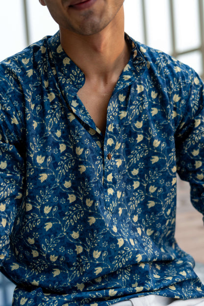 The Nile Blue Short Kurta With Golden Leaf Print