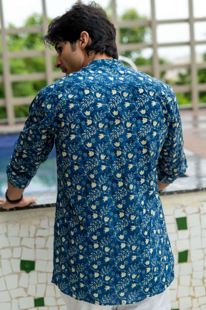 The Nile Blue Short Kurta With Golden Leaf Print