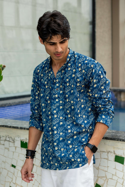 The Nile Blue Short Kurta With Golden Leaf Print