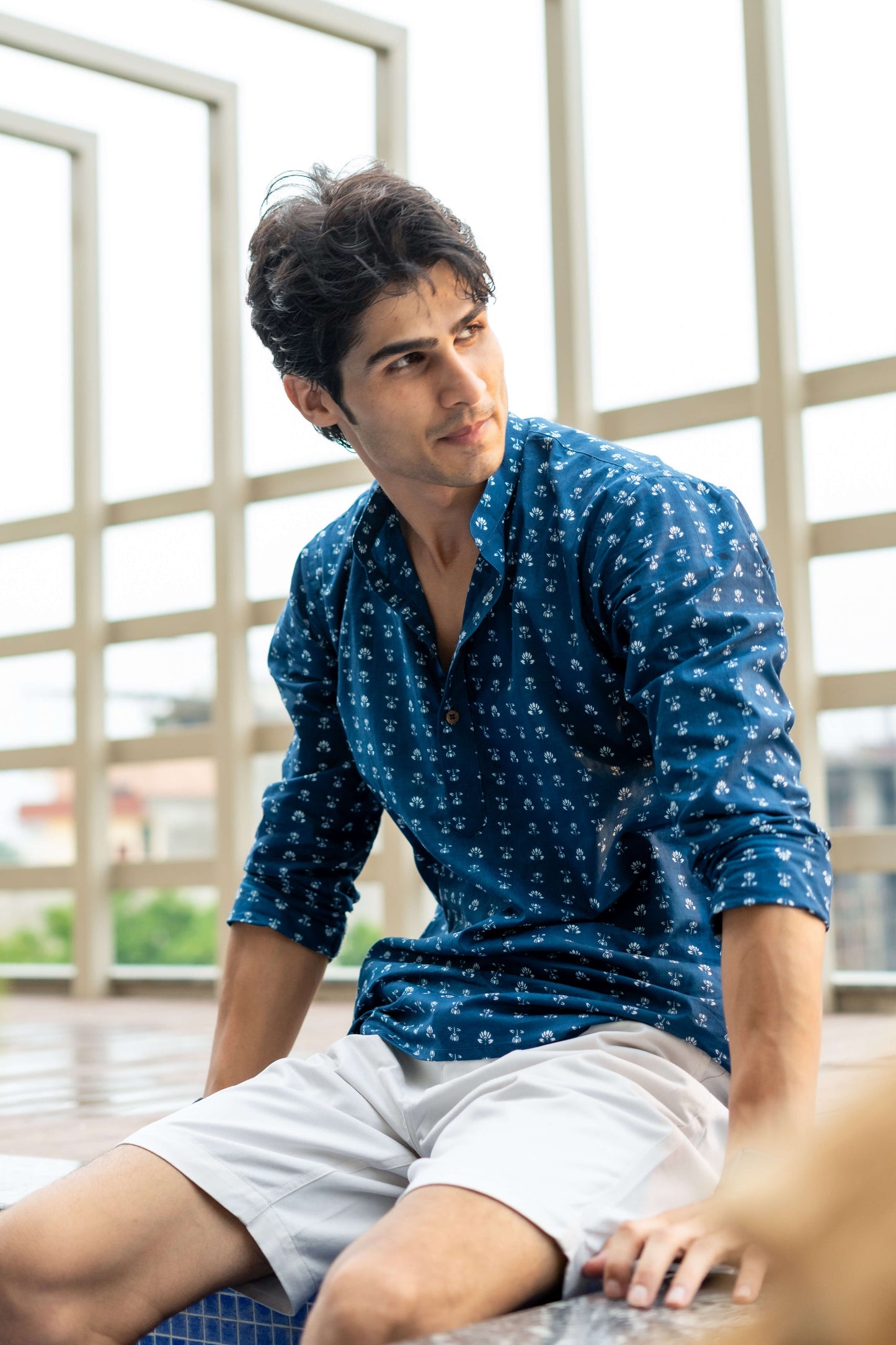 The Navy-Blue Short Kurta With White Floral Butti Print