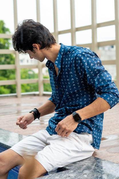 The Navy-Blue Short Kurta With White Floral Butti Print