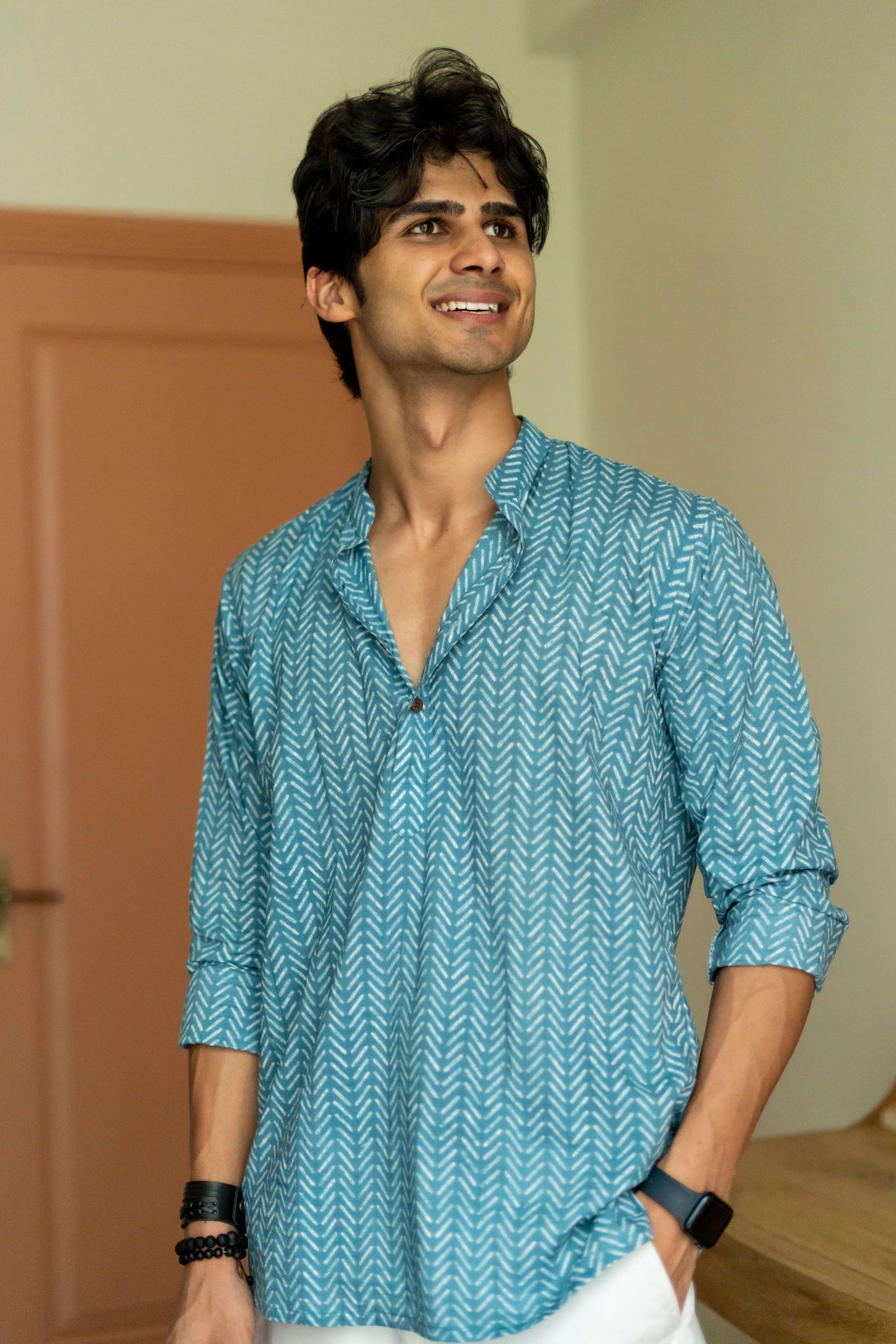 The Munsell Blue Short Kurta with White Stripe Print