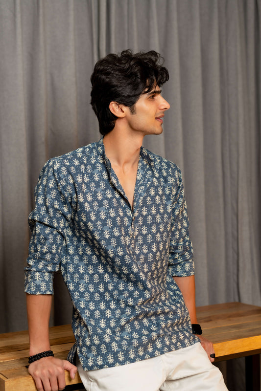 The Teal Blue Short Kurta With Grey Butti Print