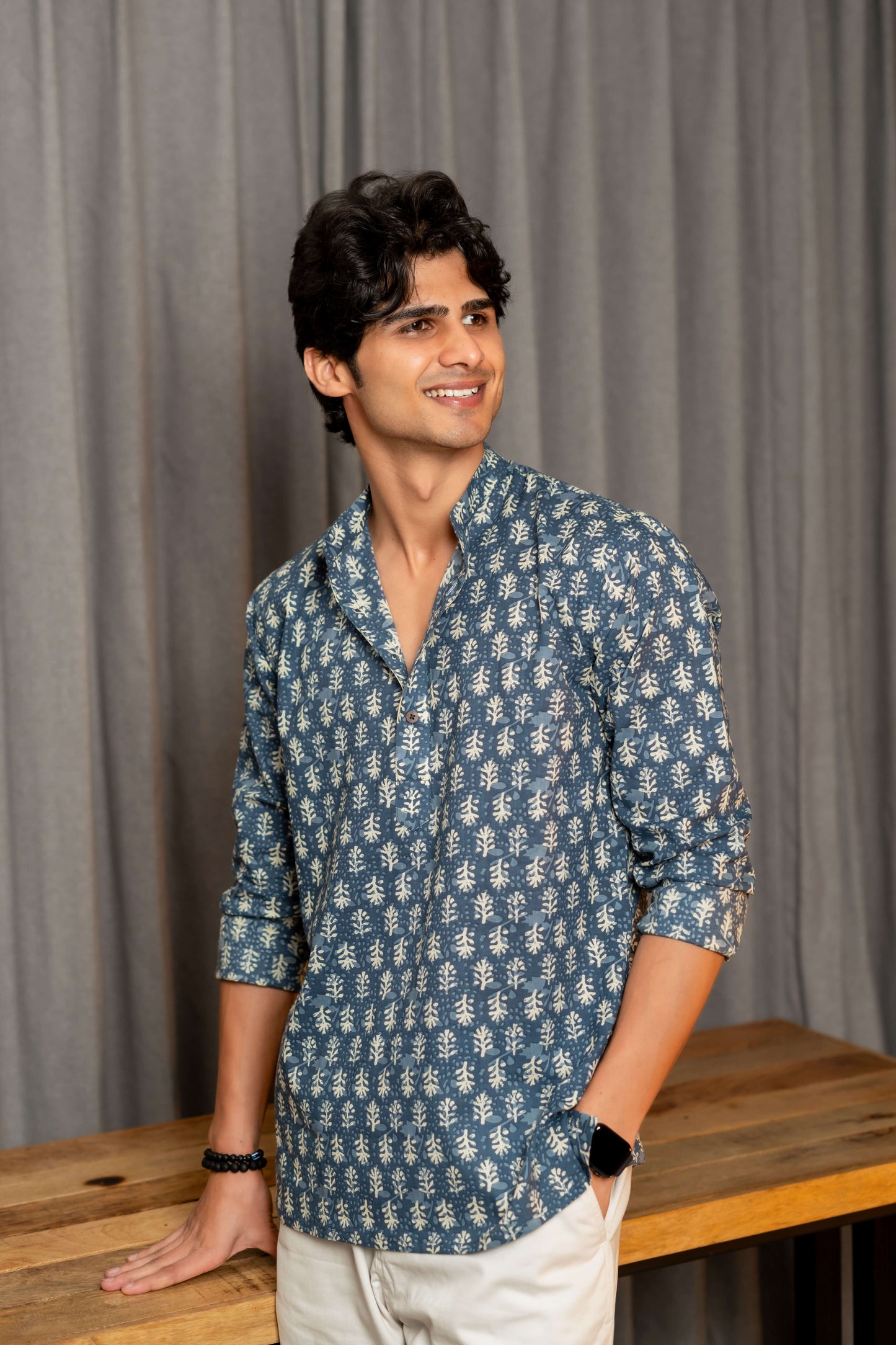 The Teal Blue Short Kurta With Grey Butti Print