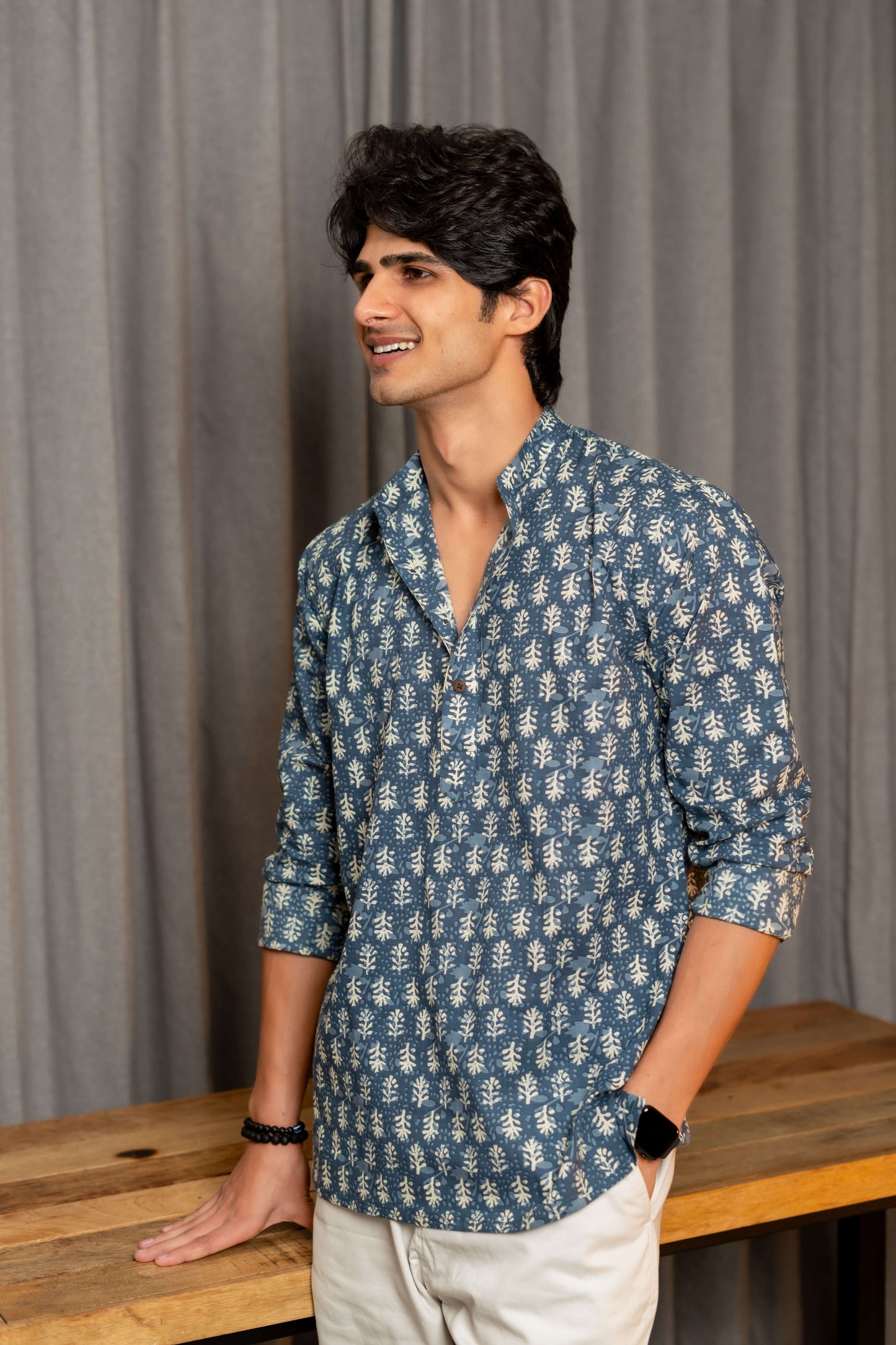 The Teal Blue Short Kurta With Grey Butti Print